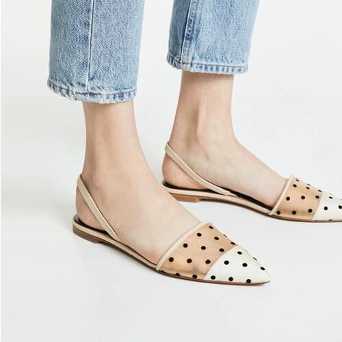 MUMANI Woman‘s 2021 New Modern Sanda Genuine Leather Polka Dot Net yarn Baotou Shallow Flat with Back Strap Shoes Lady Footwear
