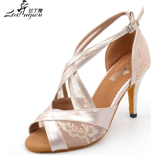 Ladingwu 2018 New Apricot/Black Lace and PU Ballroom sapato feminino festa Latin Dance Shoes Salsa Soft Bottom dance sandals