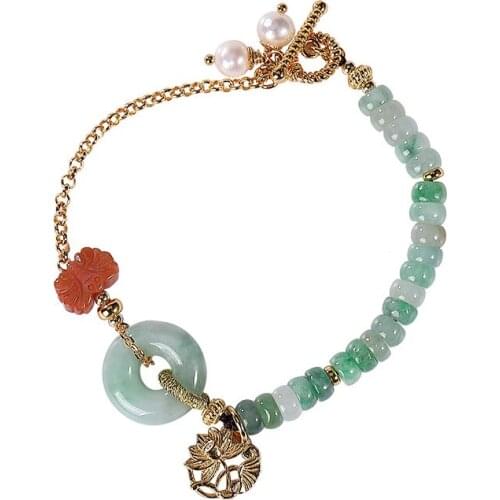 S925 sterling silver gold plated natural emerald vintage Chinese style lotus peace buckle womens bracelet