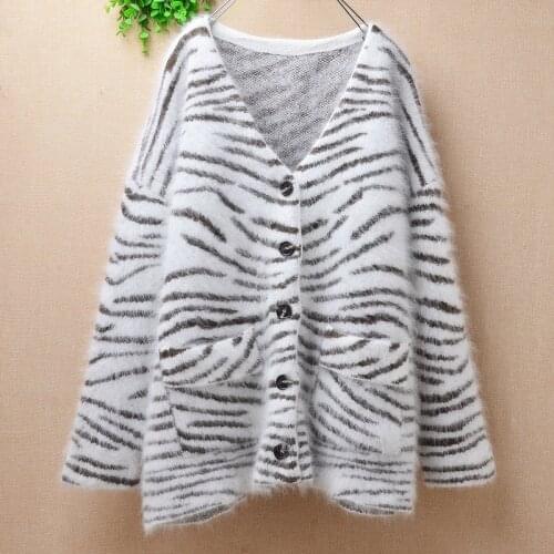 0.8KG ladies women Fall Winter thick mink cashmere knitted long sleeves v-neck loose cardigan angora jacket coat pull sweater