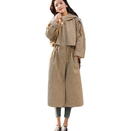 Oversize Women Trench Coat Plus Size XL Casual Coat Long Hoodie Windbreaker Solid Pockets Zipper Button Khaki Belt Slim Outwear