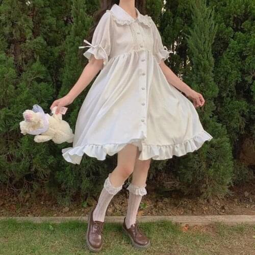 Woman Dress Lace Summer Short Sleeve White Dress Lolita Summer Ruffle Dresses Girl Kawaii Clothing Cute Harajuku