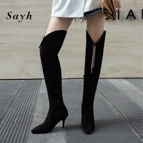 Winter Women Over Knee High Boots Tassels Fringe Zipper High Heels Faux Suede Thigh Boots Shoes Size Plus 34-45
