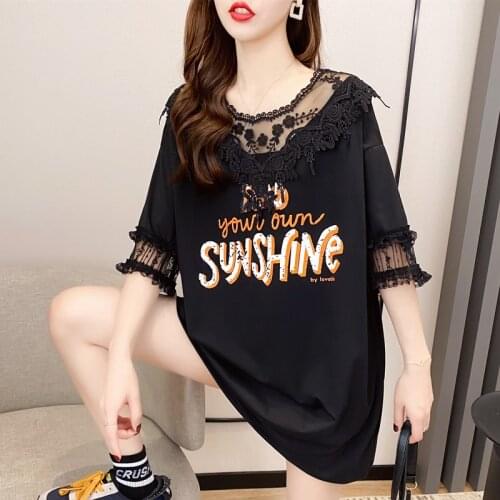#0657 Black White Green Short Sleeve T Shirt Women Spliced Lace Korean Style Long T Shirt Female Hollow Out Sexy Harajuku Summer