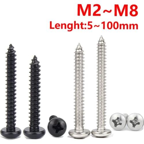 304 Stainless Steel Phillips Cross Round Pan Head Metal Self Tapping Wood Screw Bolt Black M2 M2.5 M3 M3.5 M4 M5 M6 M8 2-50pcs