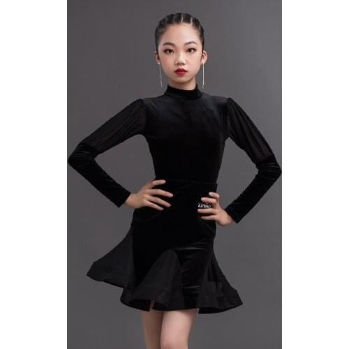 2020 New Latin Dance Dress For Girls Black Long Sleeve Dress Kids Latin Practice Dress Children Cha Cha Rumba Latin Wear DQS5748