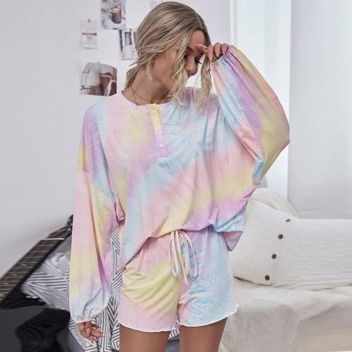2020 Fall Winter Pastel Rainbow Tye Dye 2 Piece Womens Outfits Cute Drop Shoulder Long Sleeve Women Tie Dye Shorts and Top Set