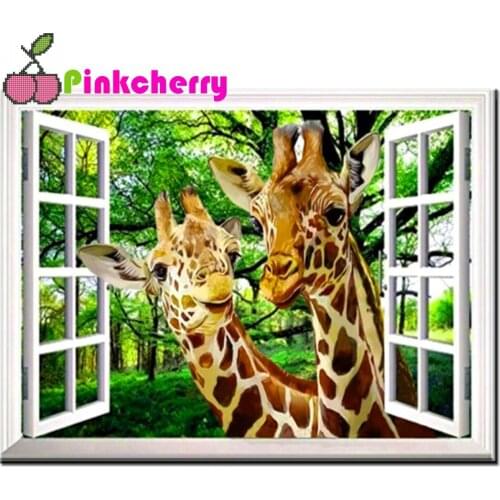 5d diy diamond mazayka Window giraffe diamond painting full square round rhinestone embroidery wall decor Animals,Home Art,k534