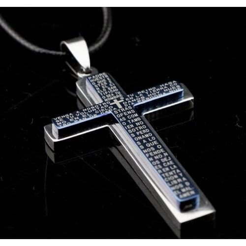 New Gift Unisexs Men Blue Silver Stainless Steel Cross Pendant Necklace Chain Black leather A-2240