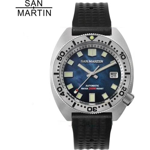 San Martin Tuna 6105 MOP Dial Automatic Mens Watches Sapphire Crystal 200m Waterproof Stainless Steel Dive Mechanical Watch Men