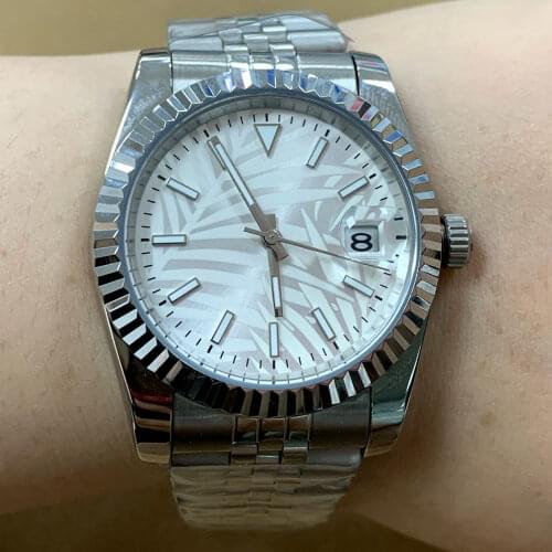 Watch 36mm assembled white dial 2813 movement with calendar window stainless steel case mineral glass automatic green luminous