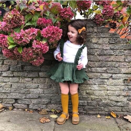 Pudcoco 1-6Y Kids Baby Girl Ruffle Solid Green Corduroy Suspender Dress Fall Fashion Clothes Cute Babe Fly Sleeve Straps Outfits