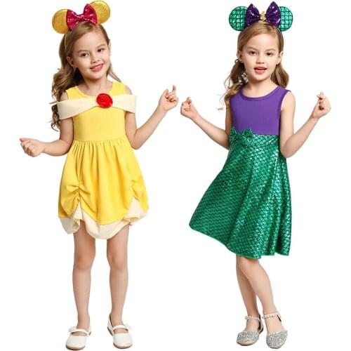 Girls Elsa Cotton Dress Baby Kids Anna Snow White Mermaid Dress Descendant Cosplay Costumes