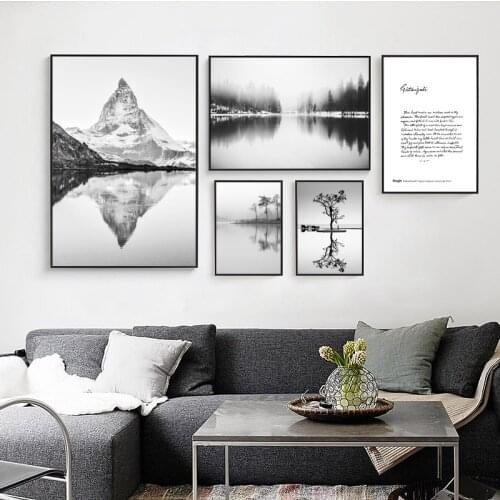 Canvas Painting Scandinavian Poster Landscape Art Print Black And White Mountain Room Decor Water Abstract Pictures Living