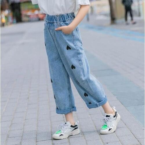 Cultiseed Girls Summer Love Print Straight Denim Jeans Pants Children Students Elastic Waist Loose Casual Ankle Length Trousers