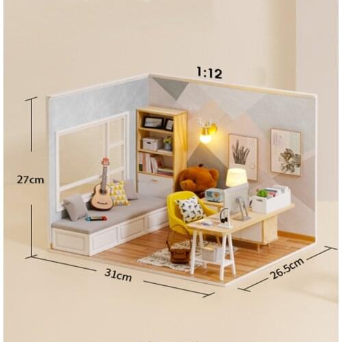 CUTE-ROOM Doll House Sunshine Study Room Model Assembled Toy Large 1:12 Dollhouse Crafts Artwork For Childrens Gift