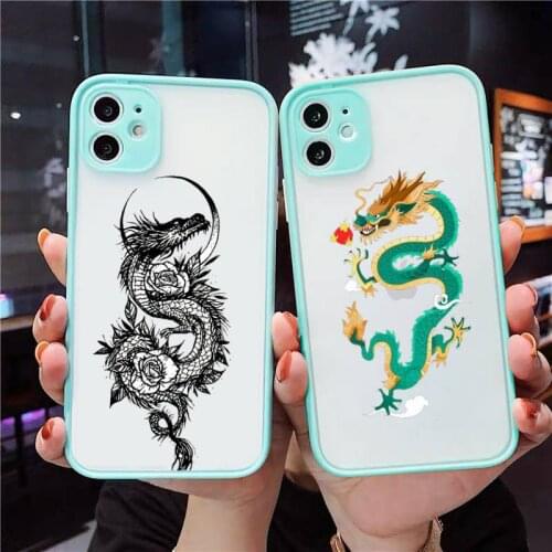 Fashion Dragon Animal Pattern Phone Case For iPhone 12 11 Mini Pro XR XS Max 7 8 Plus X Matte transparent blue Back Cover