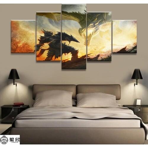 Home Decor Modular Canvas Picture 5 Piece Elder Scrolls V Skyrim Game Painting Poster Wall For Home Canvas Painting Wholesale
