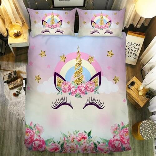 Cartoon Unicorn Duvet Cover Set Pink cute Eyelash Queen King Bed Linen Twin Single Double Size Bedding Set Kid Girl Boy Home Bed