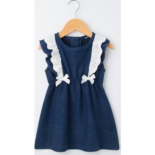 Toddler Newborn Baby Girls Dress Summer Girls Cotton Casual Knitted Denim Lace Ornament Bowknot Princess Dress 0-24M