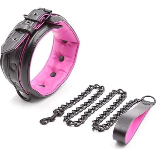 Adult PU Leather Padded Choker Collar with Leash Female Fetish Neck Restraint Sex BondageTrainer Toy