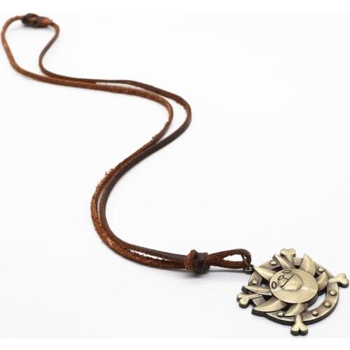 Vintage Brown Genuine Cowhide Leather Long Chain Maxi Bronze Alloy Turtle Pendant Men Necklace Women Homme Male Cowboy Jewelry
