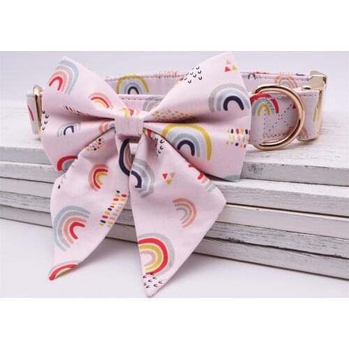 Rainbow dot Girly Dog Collar Bow Dog Flower for Pet Dog Cat with Rose Gold Metal Buckle