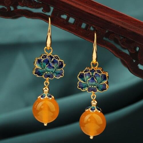 Korea Nature Vintage Yellow Flower Drop Earrings,delicate Nature Stones Earrings,ethnic Jewelry for Women