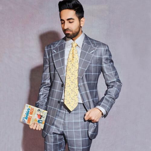 Gray Check Two Pieces Mens Suits Peaked Lapel Formal Tuxedos Prom Blazers With Jacket And Trousers Male Clothing