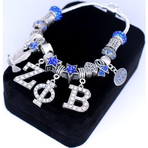 Double Nose Blue Crystal Beads Greek Letters Zeta Phi Beta 1920 Dove Charm ZPB Bracelets College Group Souvenir Gifts