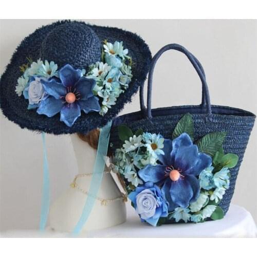 Straw Handbags for Women Flower Woven Bag 2021 NEW Summer Fashion Beach Bag Blue Color Handmade Raffia Hat with Shopper Bag