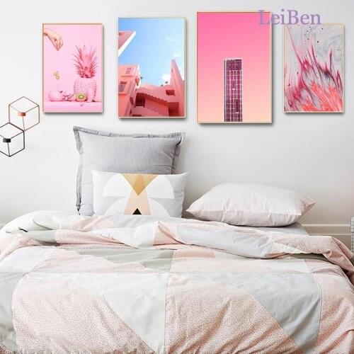 Modern Abstract Canvas Painting Poster Pink Building and Dessert Wall Art Posters and Prints Living Room Home Decoration Mural