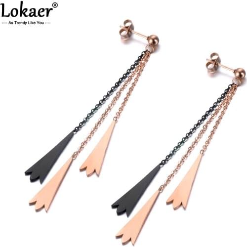 Lokaer Original Design Flower Charm Long Tassel Earrings For Women Girl Rose Gold Stainless Steel Female Earring Jewelry E19015