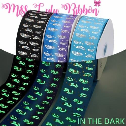3"75mm Feather White Ink Print Glow in the Dark Gold Foil Solid Color Printed Grosgrain Ribbon DIY Hair Bowknots 50yards/roll