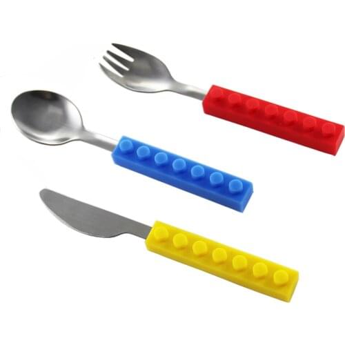 3PCS Creative bricks silicone stainless steel Portable Travel Kids Adult Cutlery Fork Picnic Set Gift for CHild Dinnerware