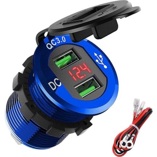 Aluminum Car Charger QC 3.0 Adapter Dual USB Port with LED Voltmeter Phone Adapter Power for 12V/24V Motorcycle Boat Truck