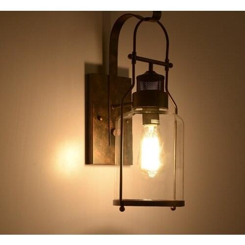 American Country Industrial Style Antique Loft Bedroom Bedside Retro Wrought Iron Glass Wall lamp Bar Aisle Lights