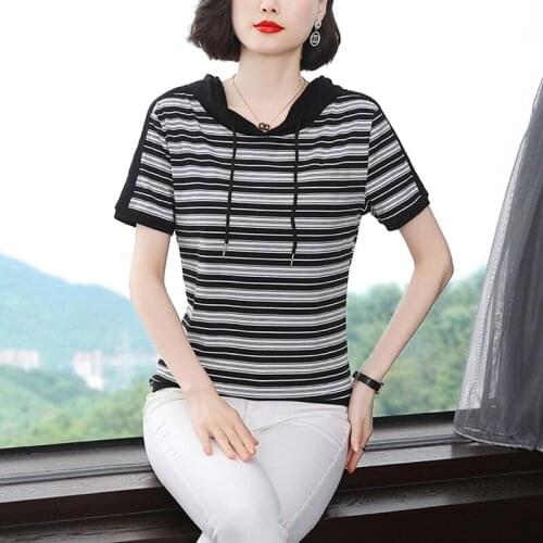 BOBOKATEER Casual T-shirts With Short Sleeve Cotton Women Top Mujer Camisetas Plus Size Woman Tshirts Striped T-shirty Damskie
