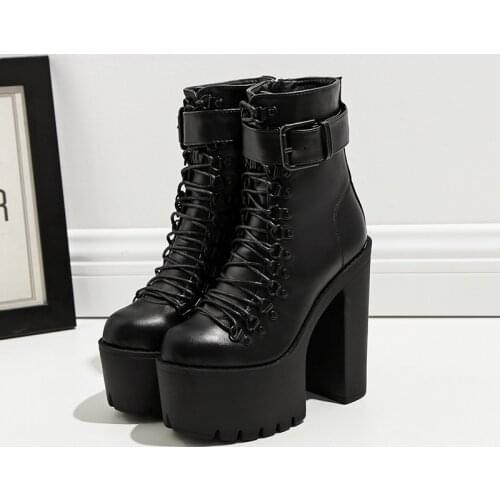 Fashion Motorcycle Boots Women Leather Spring Autumn Metal Buckle High Heels Shoes Zipper Black Ankle Boots Woman Lacing 988