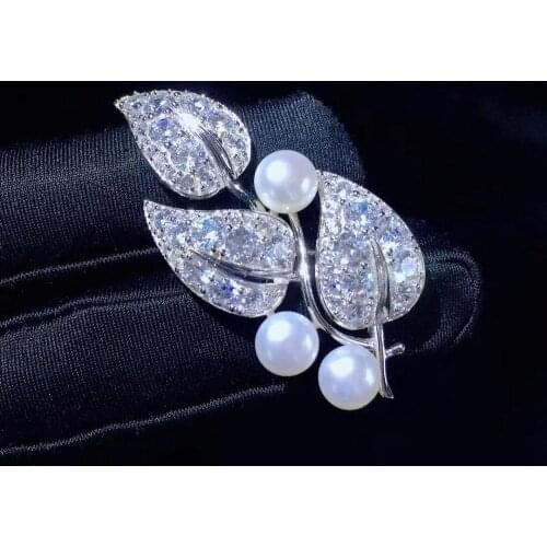 Natural fresh water pearl and leaf brooch pin 925 sterling silver with cubic zircon fine women jewelry for coat