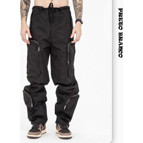 PRETO BRANCO Mens 2021 Autumn and Winter Trendy Brand Old Multi-zipper Three-dimensional Loose Multi-pocket Tooling Trousers