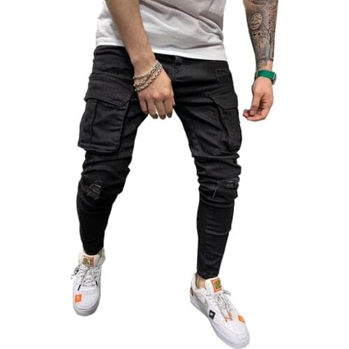 2021 New Cargo Jeans Men Multi-Pocket Slim Fit Joggers Trousers Mens Ripped Hole Motorcycle Streetwear Black Denim Pencil Pants