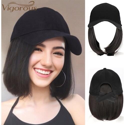Vigorous Short Bob Baseball Wig Synthetic Wig Black White Hat Wigs Cap with Hair Naturally Connect Baseball Cap Adjustable