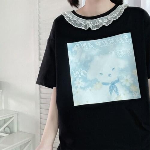 Sweet Soft Student Lace Stitching Top Loose Short-Sleeved O-Neck T-Shirt Original Design Lamb Printing Street Japanese Clothing