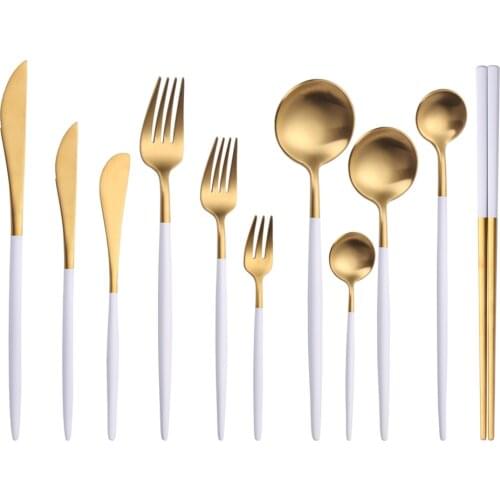 Matte White Gold Stainless Steel Cutlery Set Fork Butter Knife Tea Long Spoon Chopstick Set Flatware Tableware Dinnerware Set