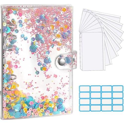 A6 Budget Binder Cover with Shiny Sequins, Clear PVC 6 Ring Notebook Binder Refillable Binder Cover with 8 PCS Binder Envelopes