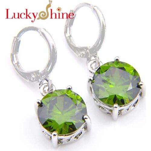 Luckyshine Round Olive Peridot Crystal Cubic Zirconia Silver Wedding Dangle Earrings Russia USA Australia Earrings Free Shipping
