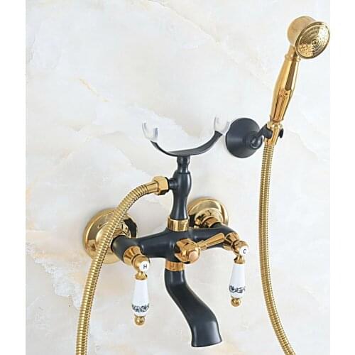 Black Oil Rubbed & Gold Brass 2 Handle Wall Mount Bathroom Bath Tub Faucet Set with 1.5M Hand Held Shower Spray Mixer Tap 2na574