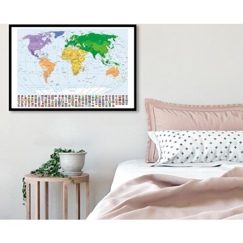 Modern World Map A1 Size Map with National Flags Wall Canvas Painting Home Decorative Art Poster School Enducation Supplies