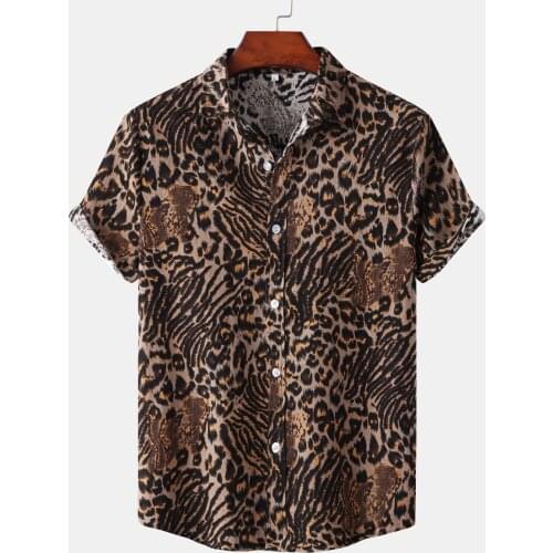 Streetwear Sexy Leopard Print Short Sleeve Beach Hawaiian Shirts for Men Casual Party Shirt Blouse Chemise Homme Men Clothing